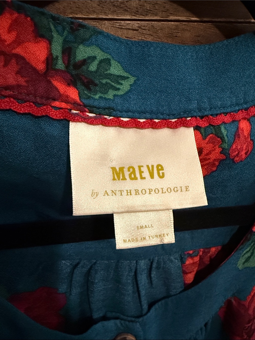 Maeve Teal Floral Button-Front Peasant Blouse - Picture 2 of 5
